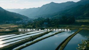 水田と里山、鎮守の森が広がる山あいの集落風景
