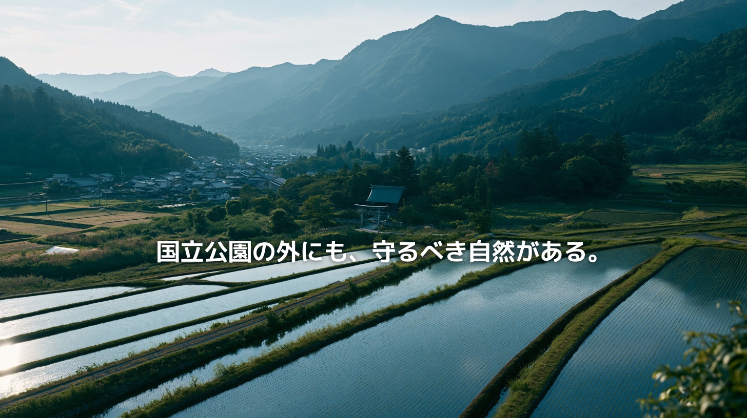 水田と里山、鎮守の森が広がる山あいの集落風景