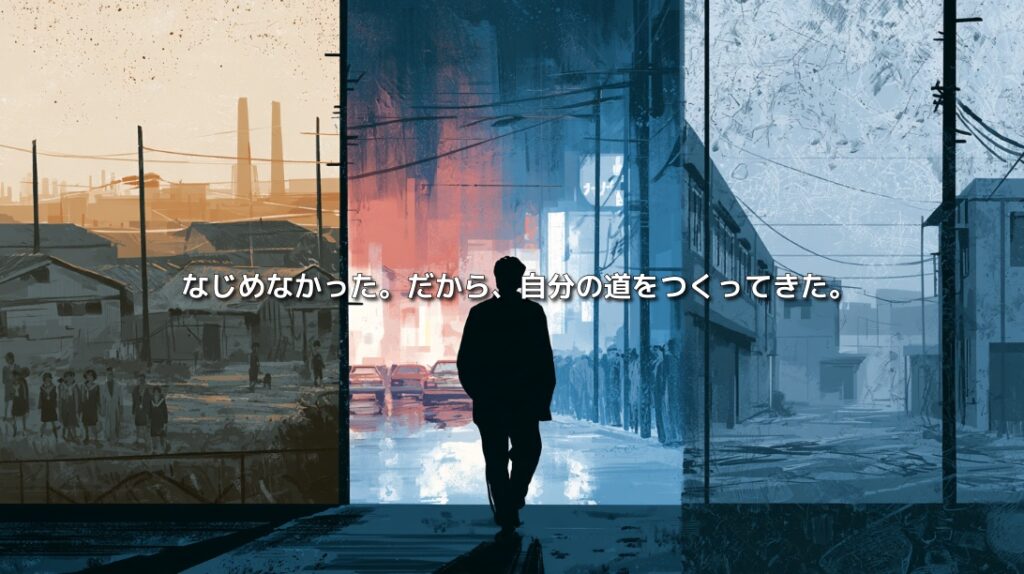 1970年代から90年代の日本の街並みを背景に、一人で歩く男性と「なじめなかった。だから、自分の道をつくってきた。」という言葉を描いたイメージ