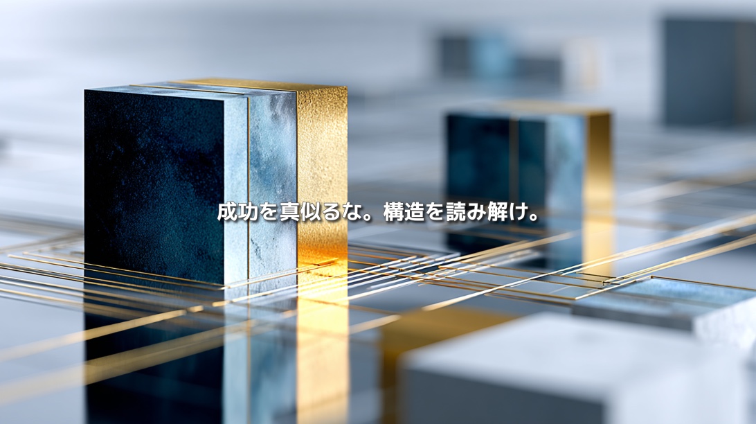紺と金の立体構造と交差するラインで、コンテンツの成功要因を分析するイメージ