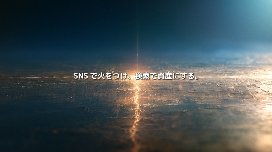 暗い地表を走る金色の光と「SNSで火をつけ、検索で資産にする。」の文字