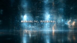 青い光とデータグリッドが広がる抽象空間に「検索窓の向こうに、次の企画がある。」と表示されたアイキャッチ画像