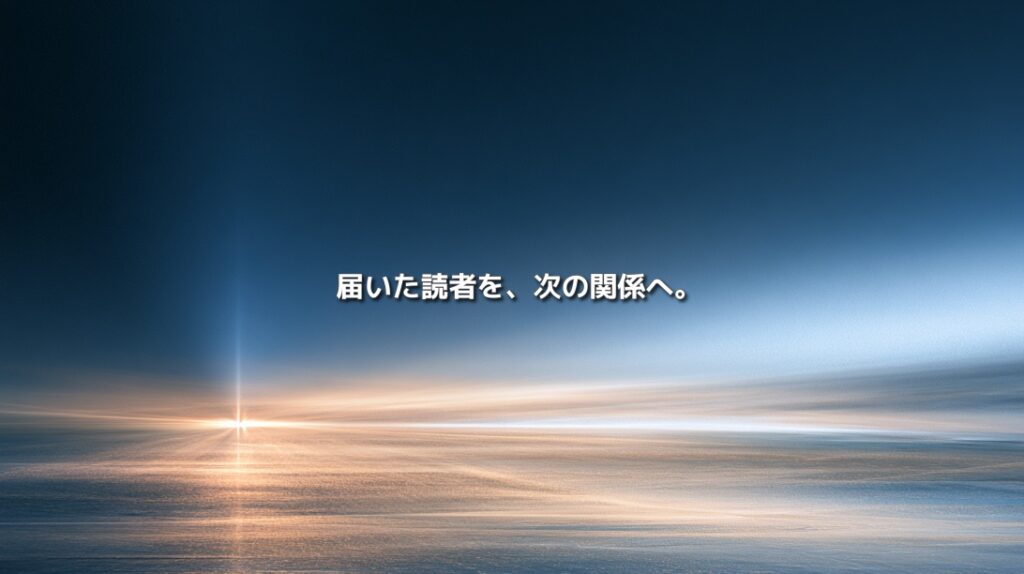 青と金色の光が水平に広がる抽象空間に「届いた読者を、次の関係へ。」と表示されたアイキャッチ画像