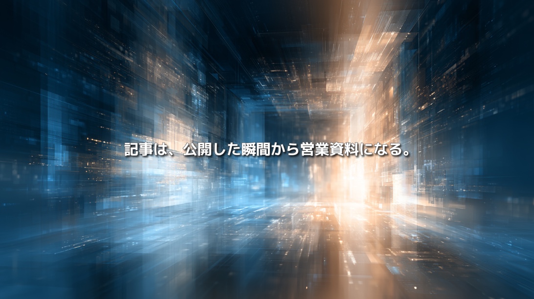 記事が営業資料へ変わり、新しい商談や仕事への道を開く様子を、青と金色の光が交差する空間で表現した抽象ビジュアル