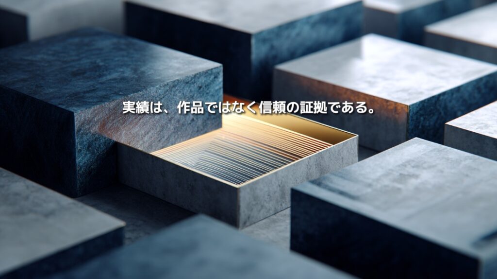 青灰色の構造物の一部が開き、内部の金色に輝く層と「実績は、作品ではなく信頼の証拠である。」の文字が見える抽象ビジュアル