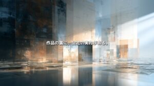 透明なパネルが幾層にも重なる抽象空間と「作品の裏に、会社の実力がある。」の文字