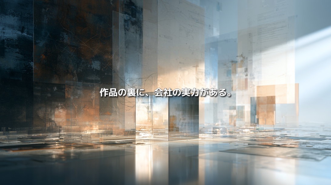 透明なパネルが幾層にも重なる抽象空間と「作品の裏に、会社の実力がある。」の文字