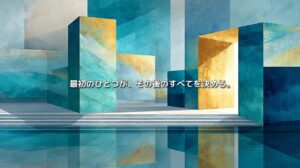青と金色の幾何学的な柱が並ぶ抽象空間に、「最初のひとつが、その後のすべてを決める。」と記したアンカリング効果のイメージ