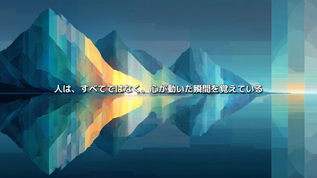 青い山並みの中で金色に輝く山場と、穏やかな光へ続く終わりを描いたピーク・エンドの法則のイメージ