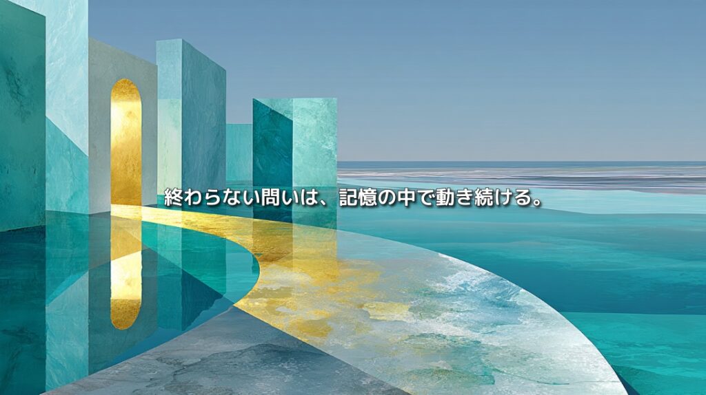 青緑の海に立つ抽象建築と金色の道が、記憶に残り続ける未完了の問いを表現したイメージ