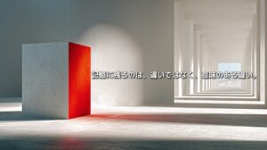 白い回廊の中で赤い一面を持つ立方体が際立つ、フォン・レストルフ効果を表現した抽象イメージ