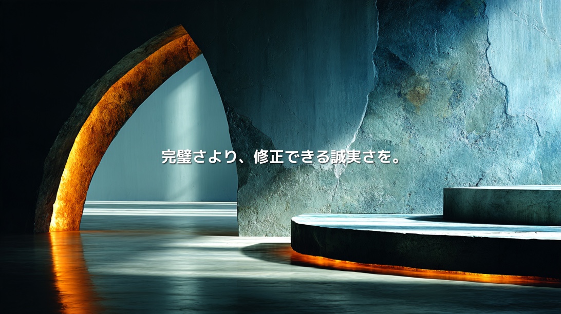 ひびの入った青灰色の石造アーチと、その内側を照らす琥珀色の光が、不完全さと修正の誠実さを表す抽象イメージ
