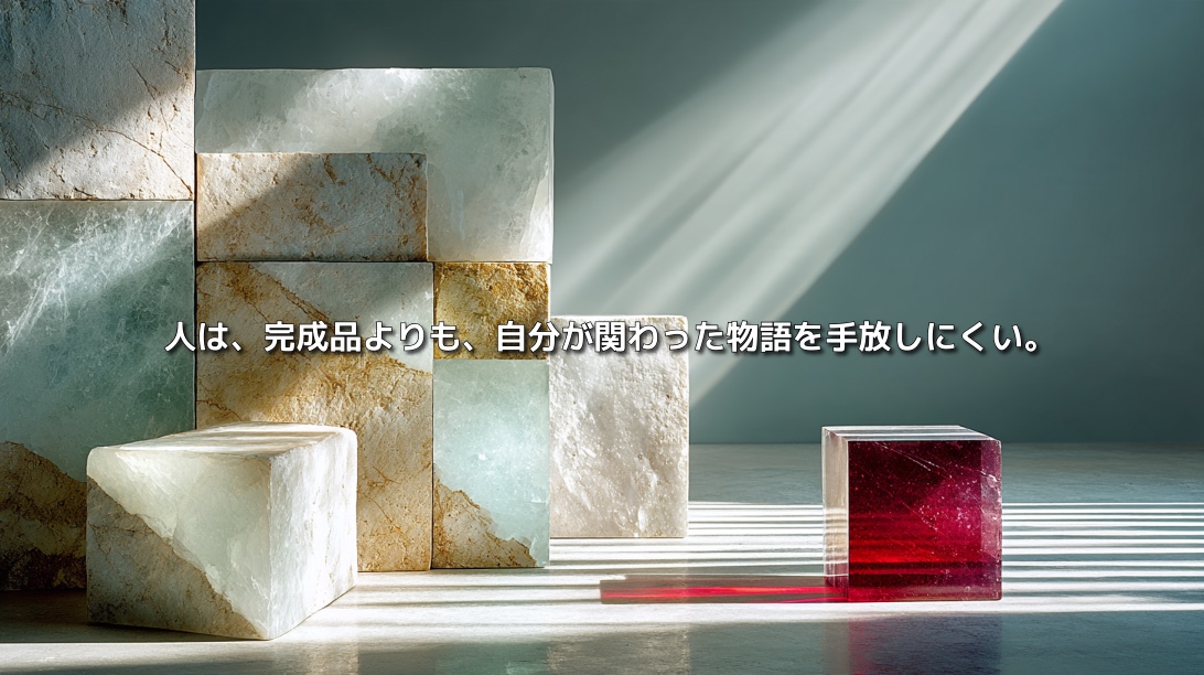 石とガラスのモジュール構造から離れて置かれた赤い立方体が、参加によって完成する価値を象徴する抽象イメージ