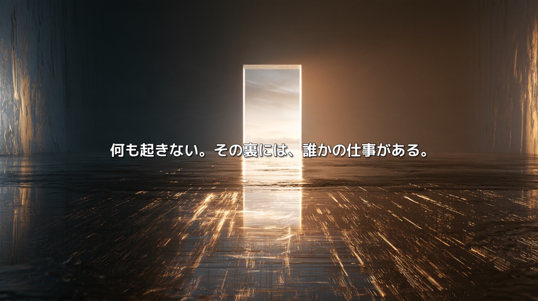 暗い空間の奥に光の差す扉があり、床に細い金色の光が広がる。「何も起きない。その裏には、誰かの仕事がある。」という文字を重ねた画像