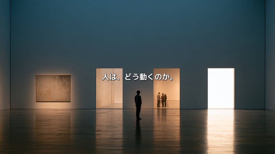 暗い展示空間に立つ人物と、会話する人々、光の差す出口。「人は、どう動くのか。」の文字が重なる