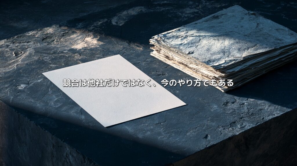 暗い石の台に置かれた白い一枚の紙と、使い込まれた紙の束。「競合は他社だけではなく、今のやり方でもある」という文字が重なる。