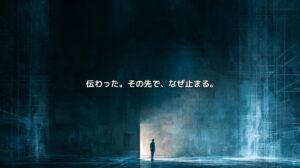 青い設計図のような空間で、光の差す場所の手前に人物が立つ。「伝わった。その先で、なぜ止まる。」の文字