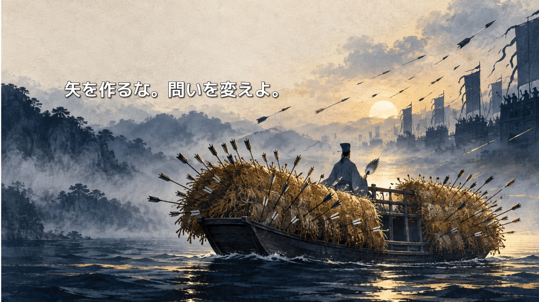 霧の長江で諸葛孔明が乗る草船に、曹操軍の放った矢が刺さるイラスト。「矢を作るな。問いを変えよ。」の文字入り