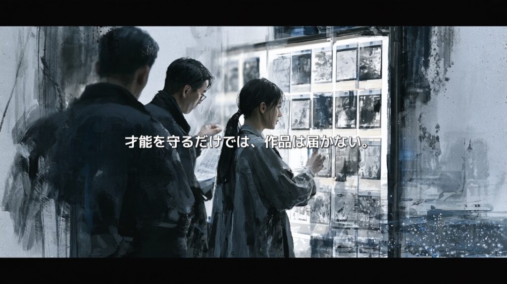 制作スタジオで絵コンテを見つめる監督とプロデューサーたち。「才能を守るだけでは、作品は届かない。」という言葉を重ねた水墨画風のイラスト