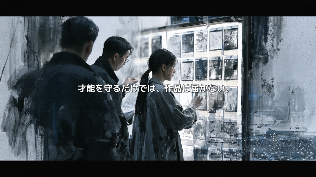 制作スタジオで絵コンテを見つめる監督とプロデューサーたち。「才能を守るだけでは、作品は届かない。」という言葉を重ねた水墨画風のイラスト