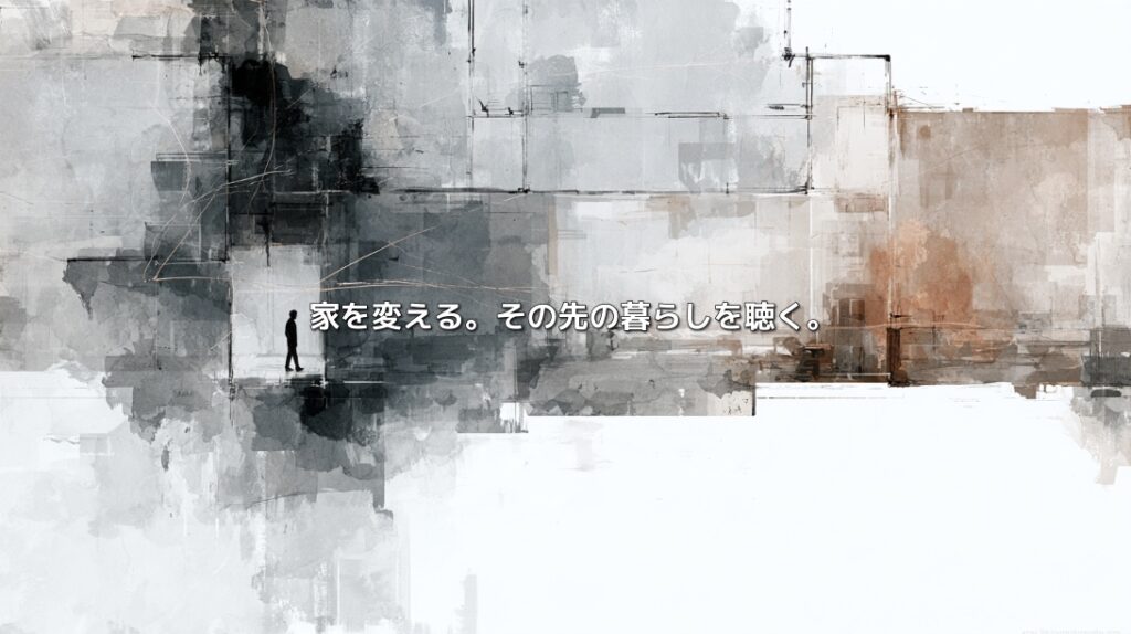 水墨画風の住まいの図面に立つ人物と「家を変える。その先の暮らしを聴く。」という文字