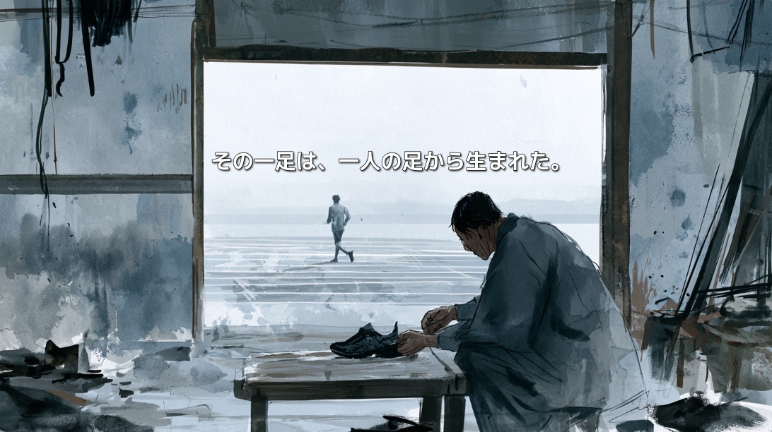 工房でランニングシューズを仕上げる職人と、外を走る一人のランナーを描いた水墨画風イラスト。「その一足は、一人の足から生まれた。」の文字入り