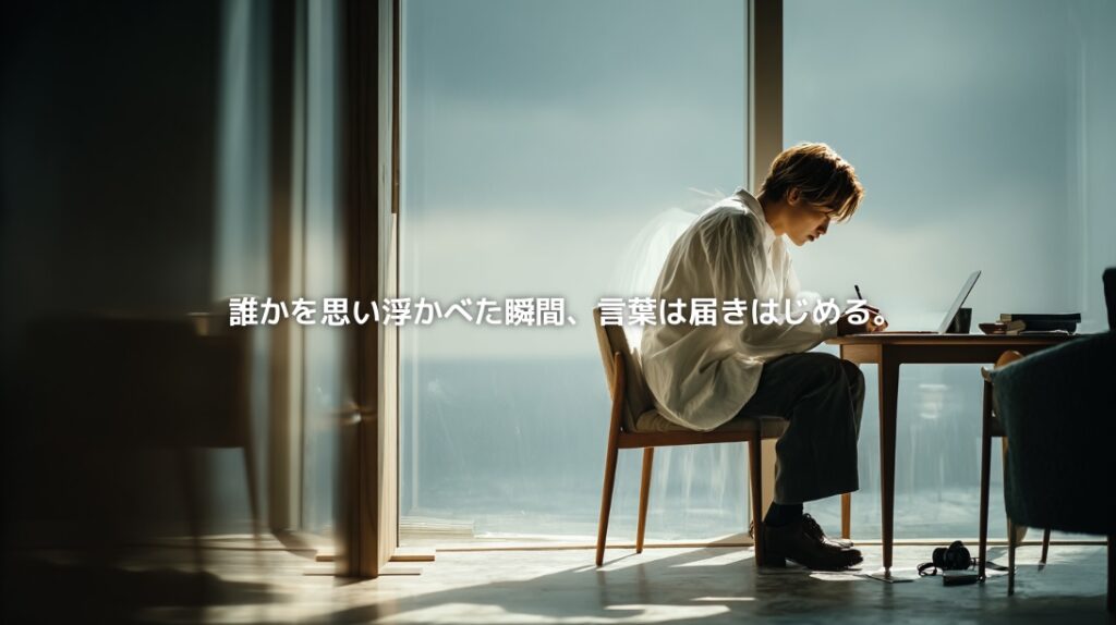 窓辺のデスクで一人の相手を思い浮かべながら文章を書くクリエイター