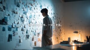 壁一面のメモや写真を見つめ、伝えたい中心メッセージを一文に絞るクリエイター