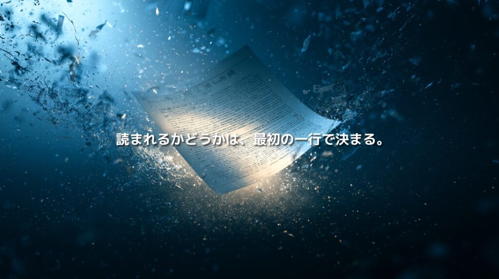 水中に浮かぶ記事ページへ光が差し込み、「読まれるかどうかは、最初の一行で決まる。」という言葉を配置したイメージ
