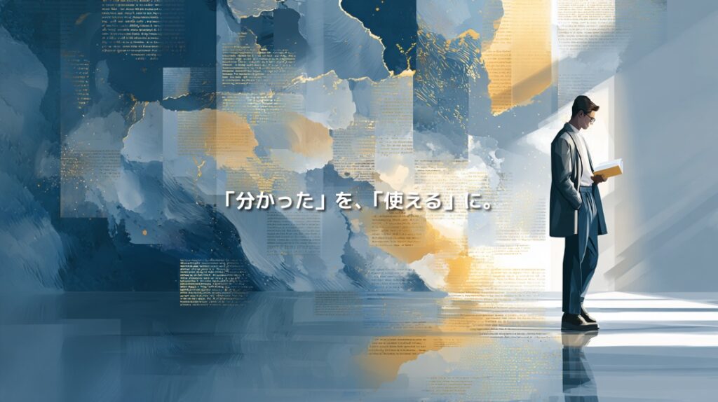 抽象的な情報を具体的な理解へ変え、「分かった」を「使える」にする学びを表現したイラスト