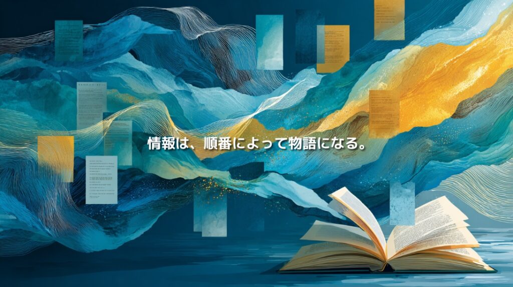 散らばった情報が流れとなって開かれた本へつながる、ストーリー構成を表現したイラスト