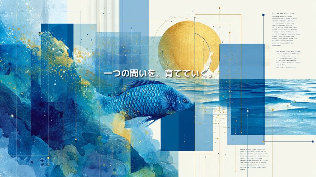海と魚、複数のパネルを組み合わせ、「一つの問いを、育てていく。」と表現したイメージ