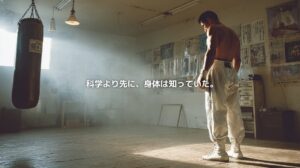 昭和の古いボクシングジムでサンドバッグを前に立つボクサーと、「科学より先に、身体は知っていた。」の文字