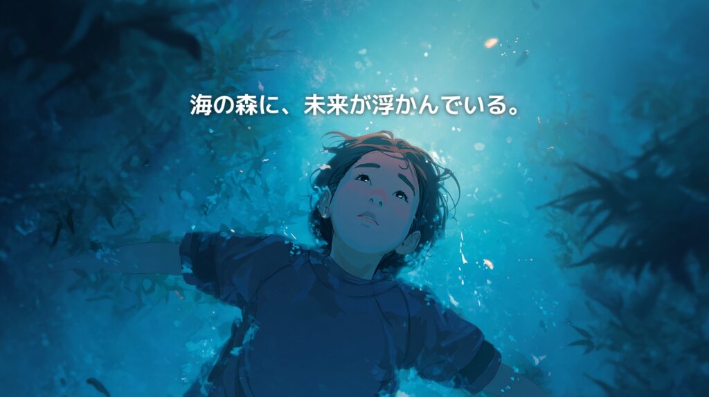海の中で仰向けに浮かぶ子どもを真上から描いたアイキャッチ画像。周囲には海藻や藻場が広がり、海の森に包まれるような幻想的な雰囲気の中に、「海の森に、未来が浮かんでいる。」というコピーが配置されている。