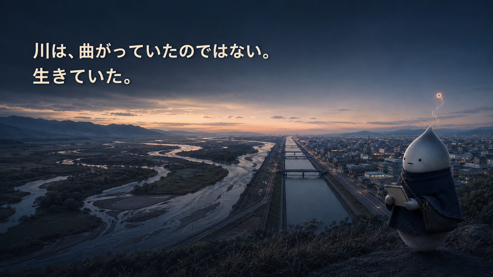蛇行する自然河川と直線化された都市河川を高台から観測するNOLU。「川は、曲がっていたのではない。生きていた。」の文字