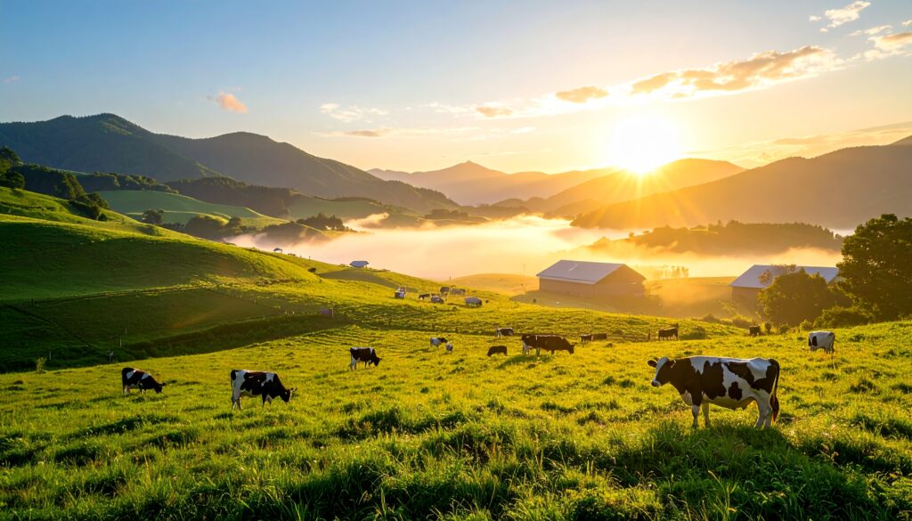 北海道の酪農牧場に漂う朝霧と静かな牛たちの風景