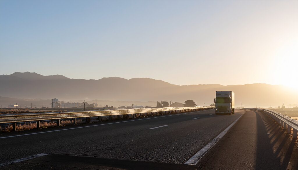 朝の光の中、高速道路を走る大型トラック。物流の未来と国際人材の共創を象徴する風景。