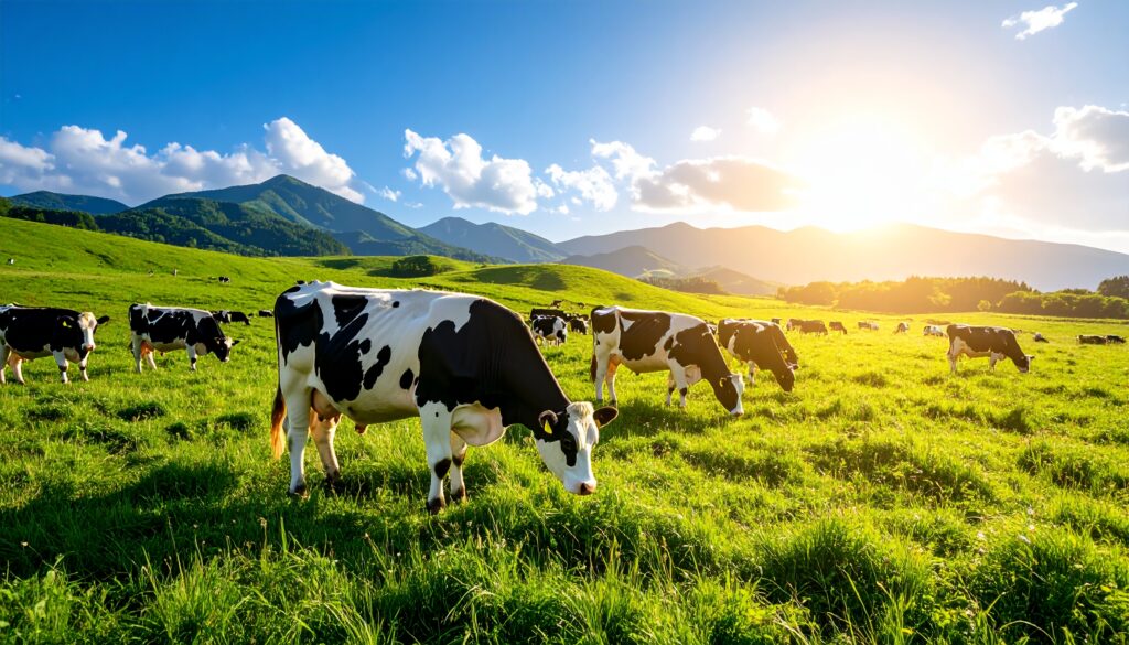 北海道の広大な牧草地と青空に牛が放牧された風景