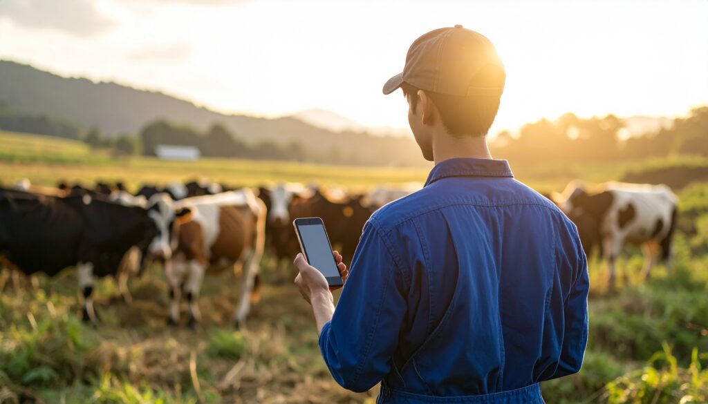 北海道の牧場でスマートフォンを持つ若手酪農家の後ろ姿