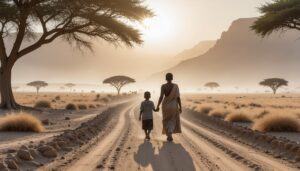 スーダンの乾いた大地を歩く母と子。栄養危機と紛争の中で避難を続ける家族の姿を捉えたドキュメンタリー風ビジュアル。