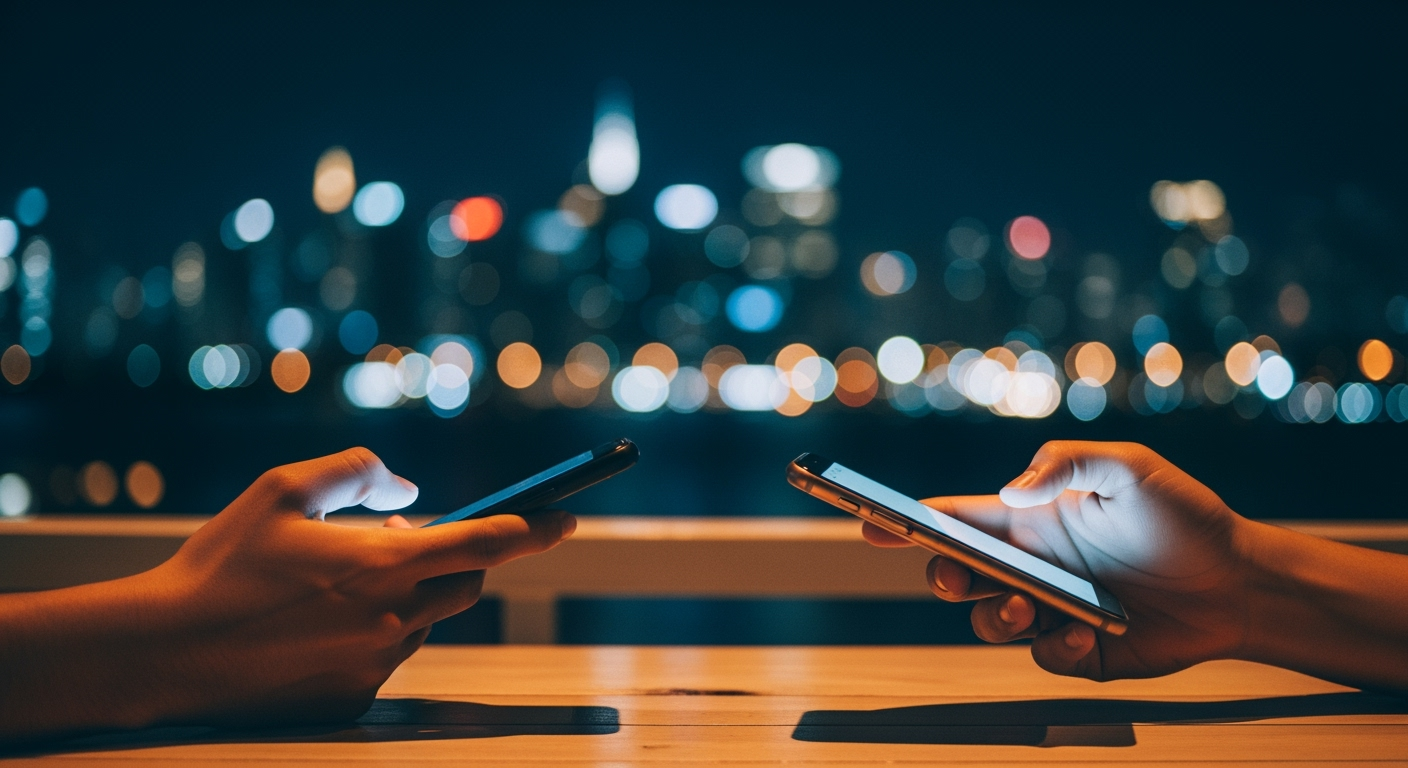 夜のマニラでスマートフォンを操作する二人の手元(SNSの拡散を象徴するイメージ)