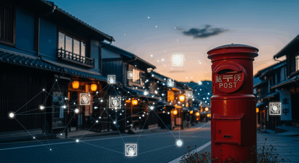 石見銀山の夕景に赤い郵便ポスト。町並みにノードとリンクが重なるデータ可視化イメージ