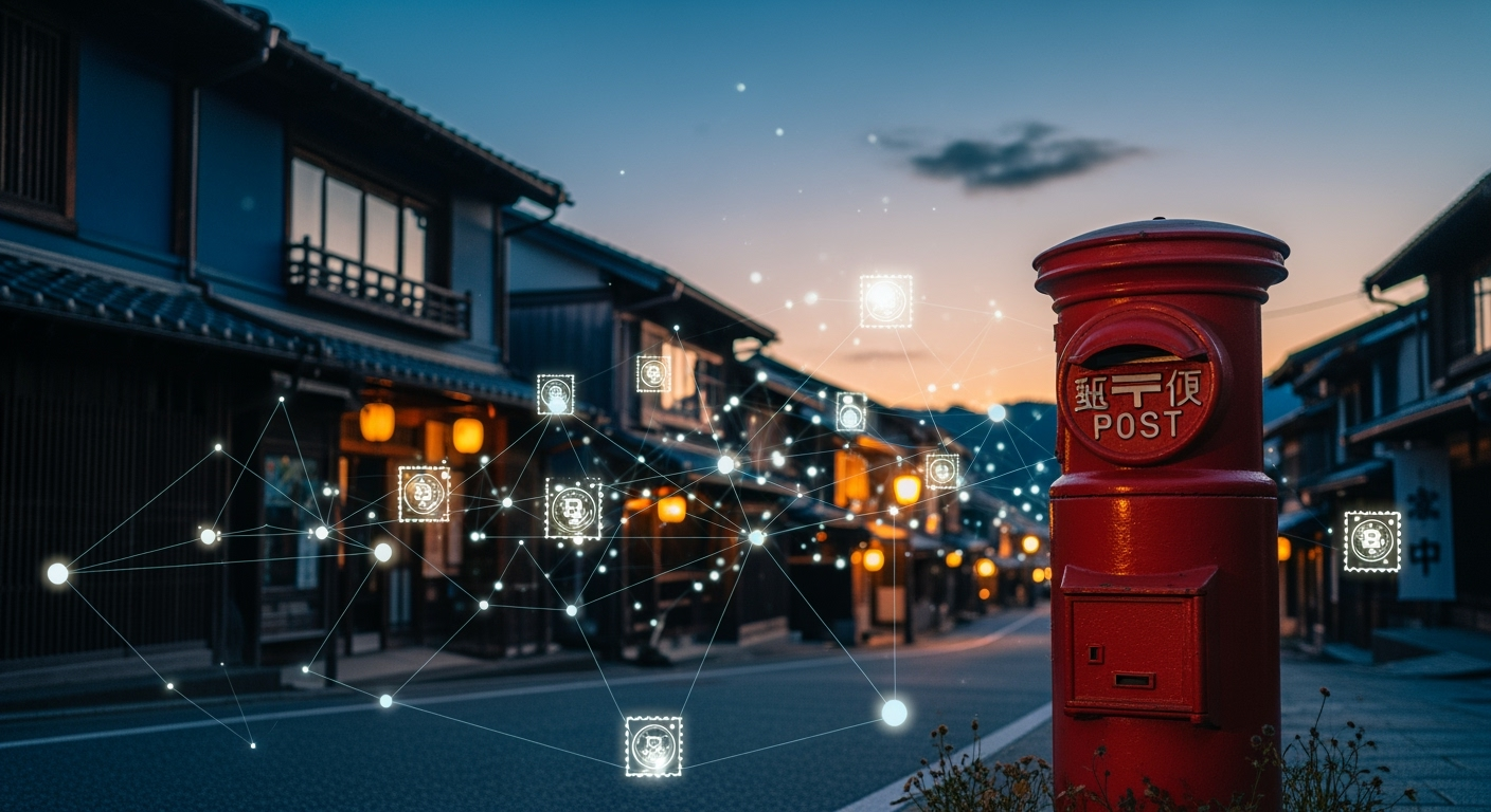 石見銀山の夕景に赤い郵便ポスト。町並みにノードとリンクが重なるデータ可視化イメージ