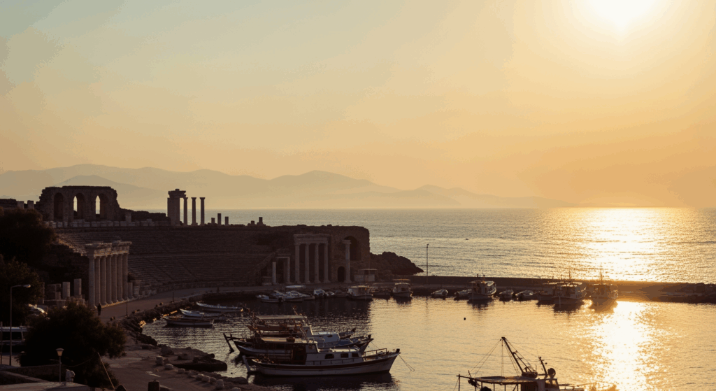 地中海沿岸の港町と古代遺跡が夕日に照らされるトルコの風景。