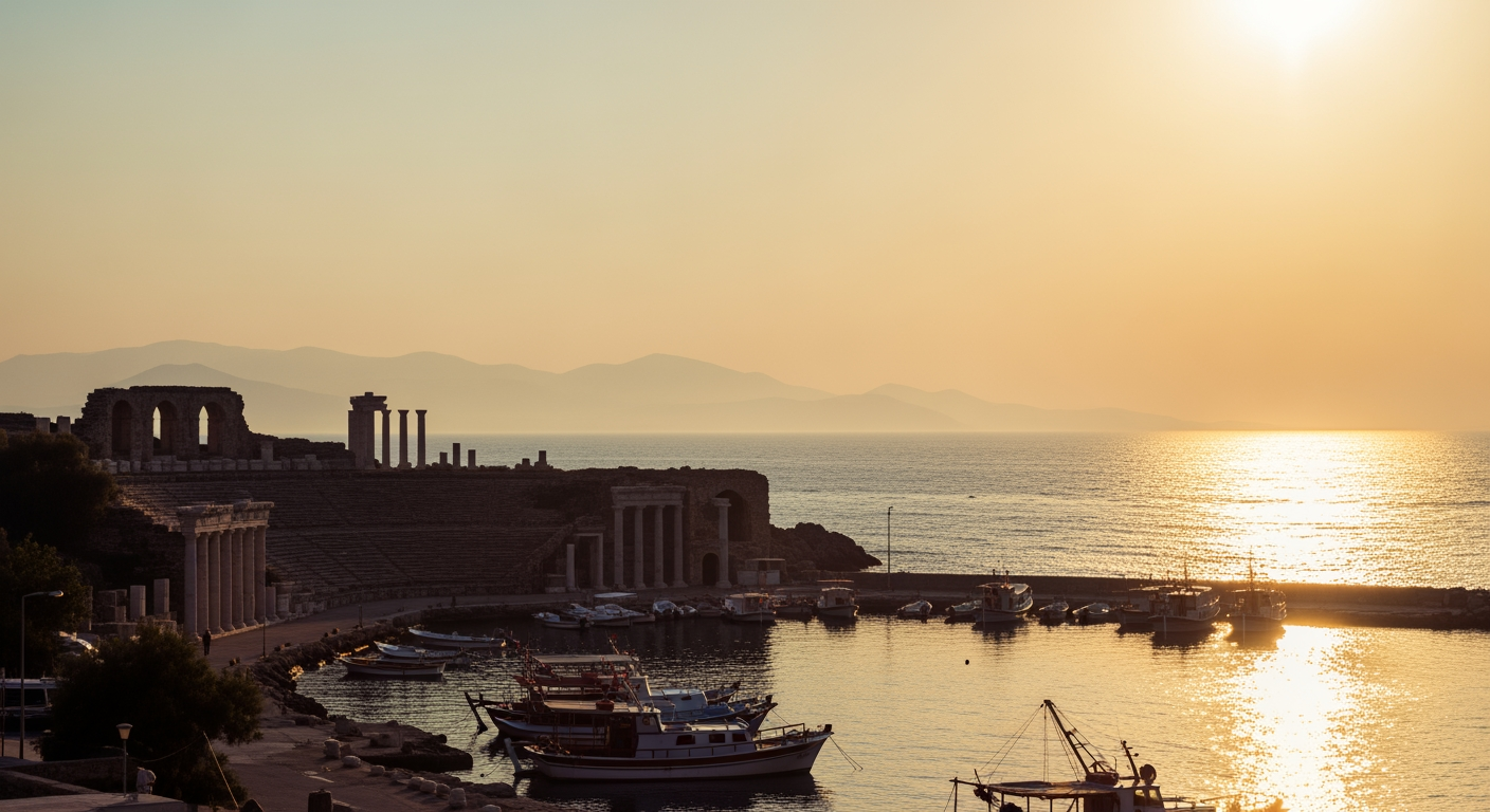 地中海沿岸の港町と古代遺跡が夕日に照らされるトルコの風景。