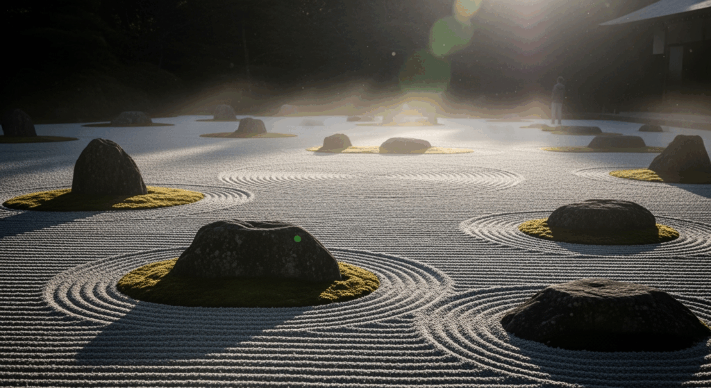 朝の光に揺らぐ砂紋の禅庭。石の周りに同心円が広がり、かすかな蜃気楼が「かげろひ」を思わせる。