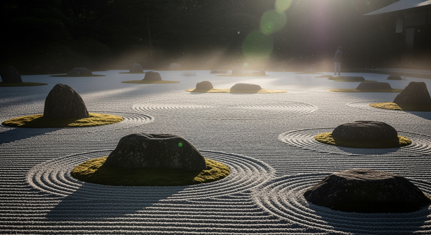 朝の光に揺らぐ砂紋の禅庭。石の周りに同心円が広がり、かすかな蜃気楼が「かげろひ」を思わせる。