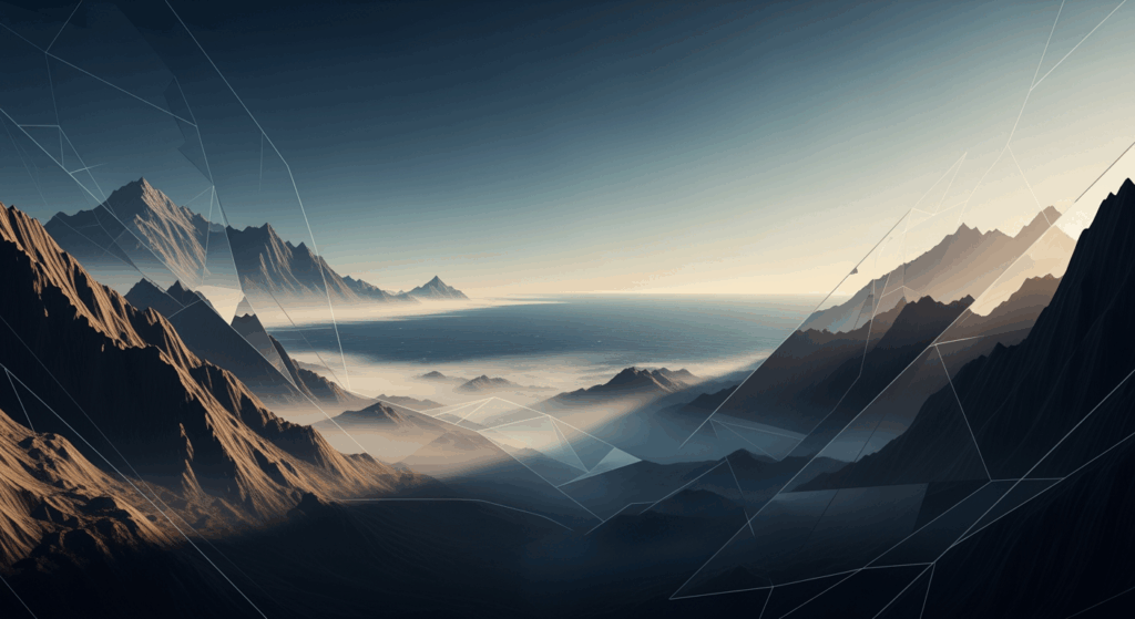 山脈と海が交わる象徴的なランドスケープ。Patagoniaの“地球を株主にする”思想を表すNEOTERRAINスタイルのキービジュアル。