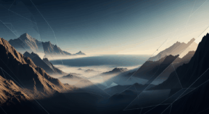 山脈と海が交わる象徴的なランドスケープ。Patagoniaの“地球を株主にする”思想を表すNEOTERRAINスタイルのキービジュアル。