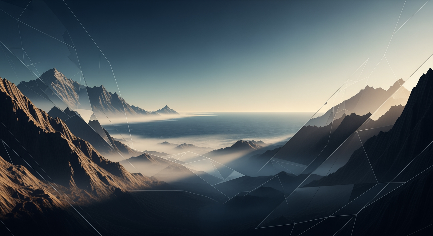 山脈と海が交わる象徴的なランドスケープ。Patagoniaの“地球を株主にする”思想を表すNEOTERRAINスタイルのキービジュアル。